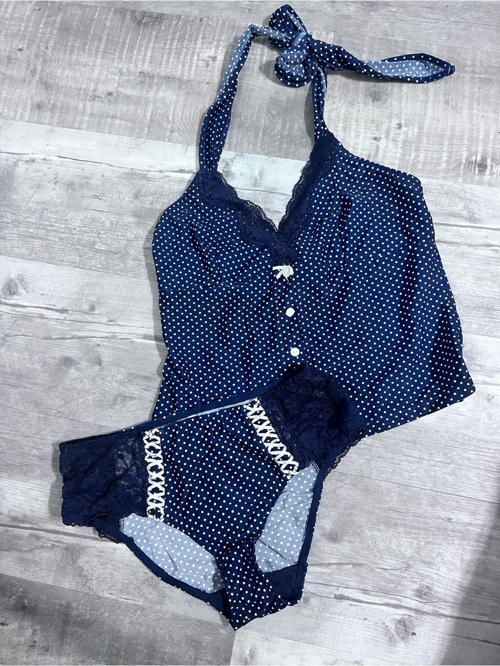 Source Unknown Navy Polka Dot Halter Cami and Brief Set Size Small